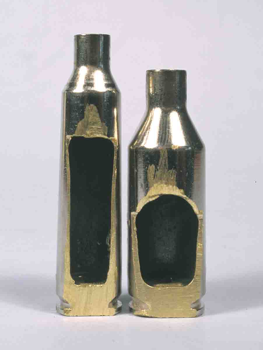 The .223 WSSM case (right) is very thick compared to the .22-250 Remington.